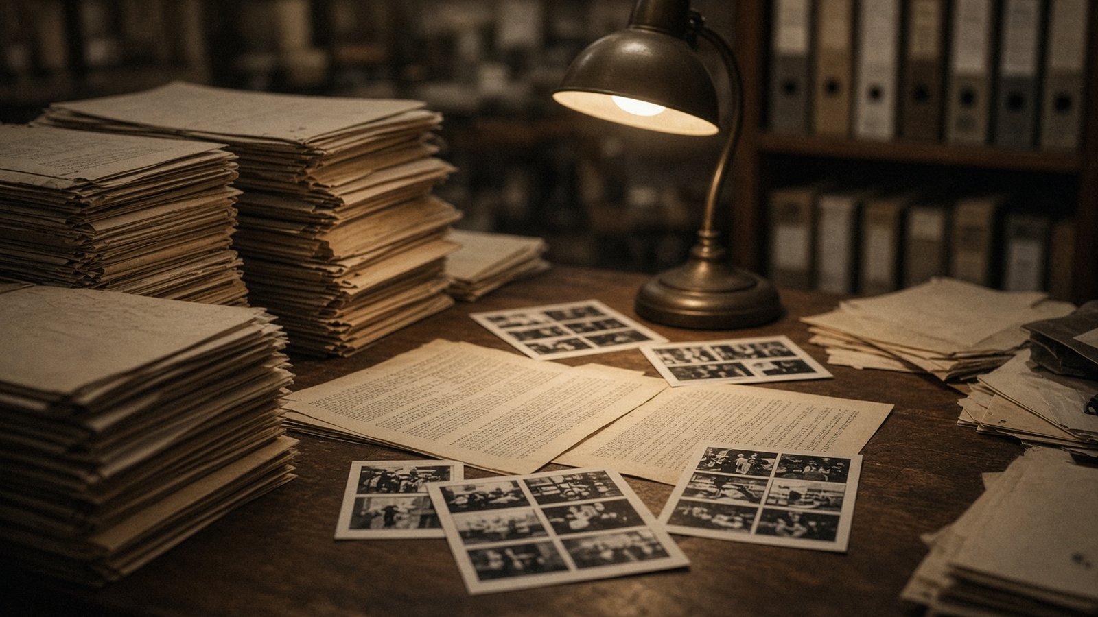 Mesa com documentos, fotografias e pastas de arquivo
