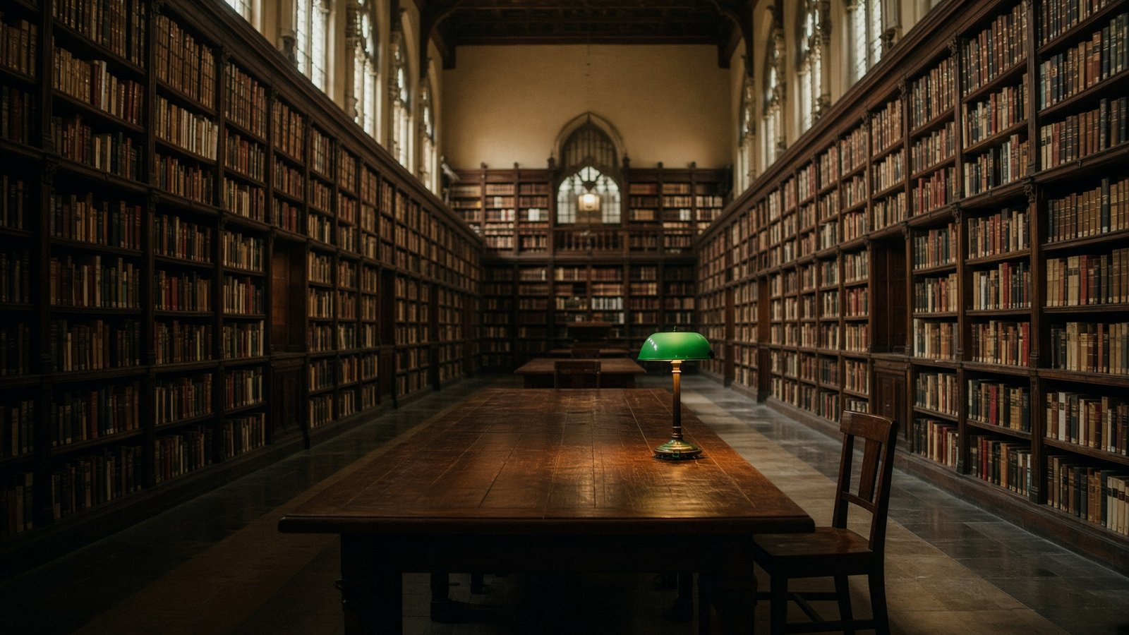 Biblioteca histórica com estantes altas e luminária verde