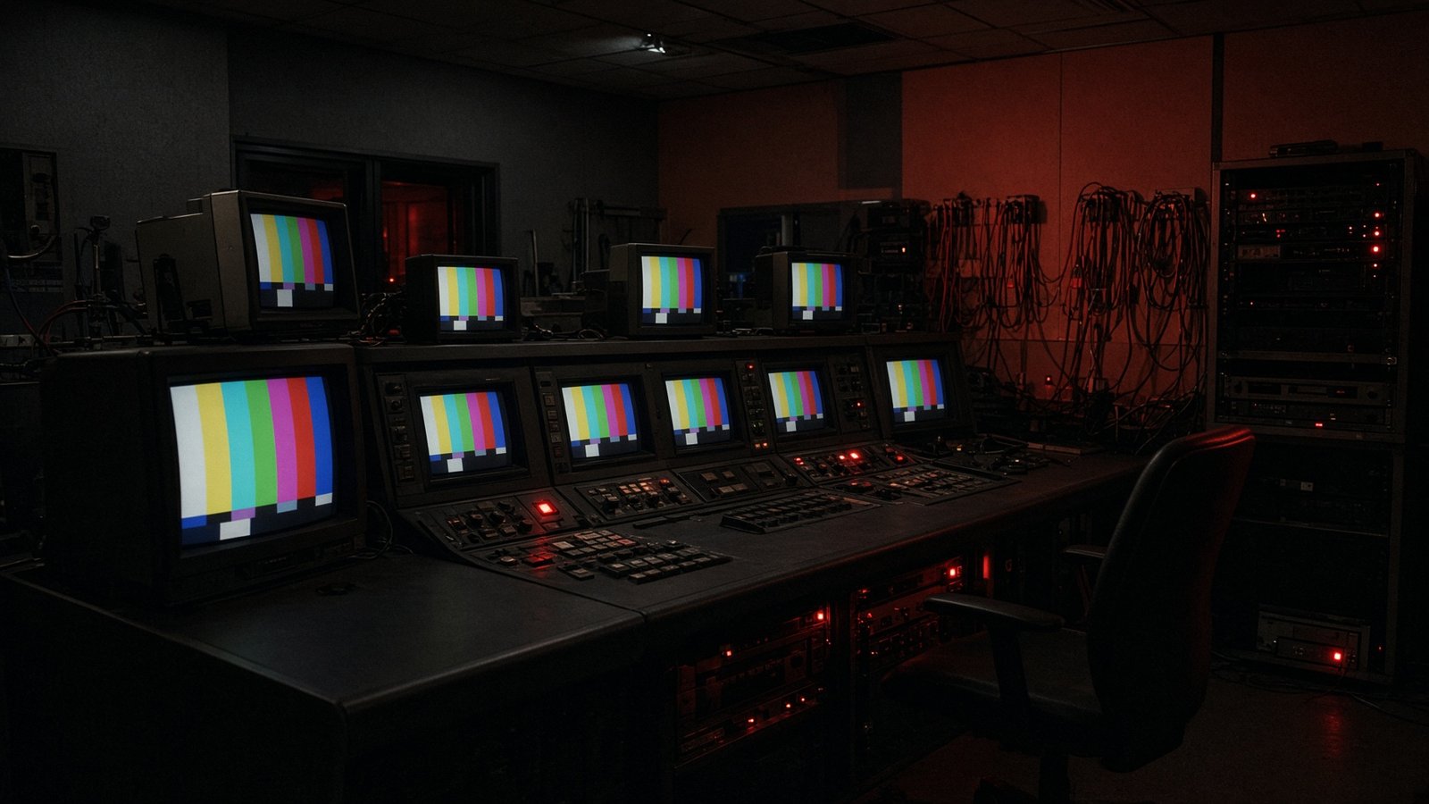 Sala escura com monitores e mesa controladora