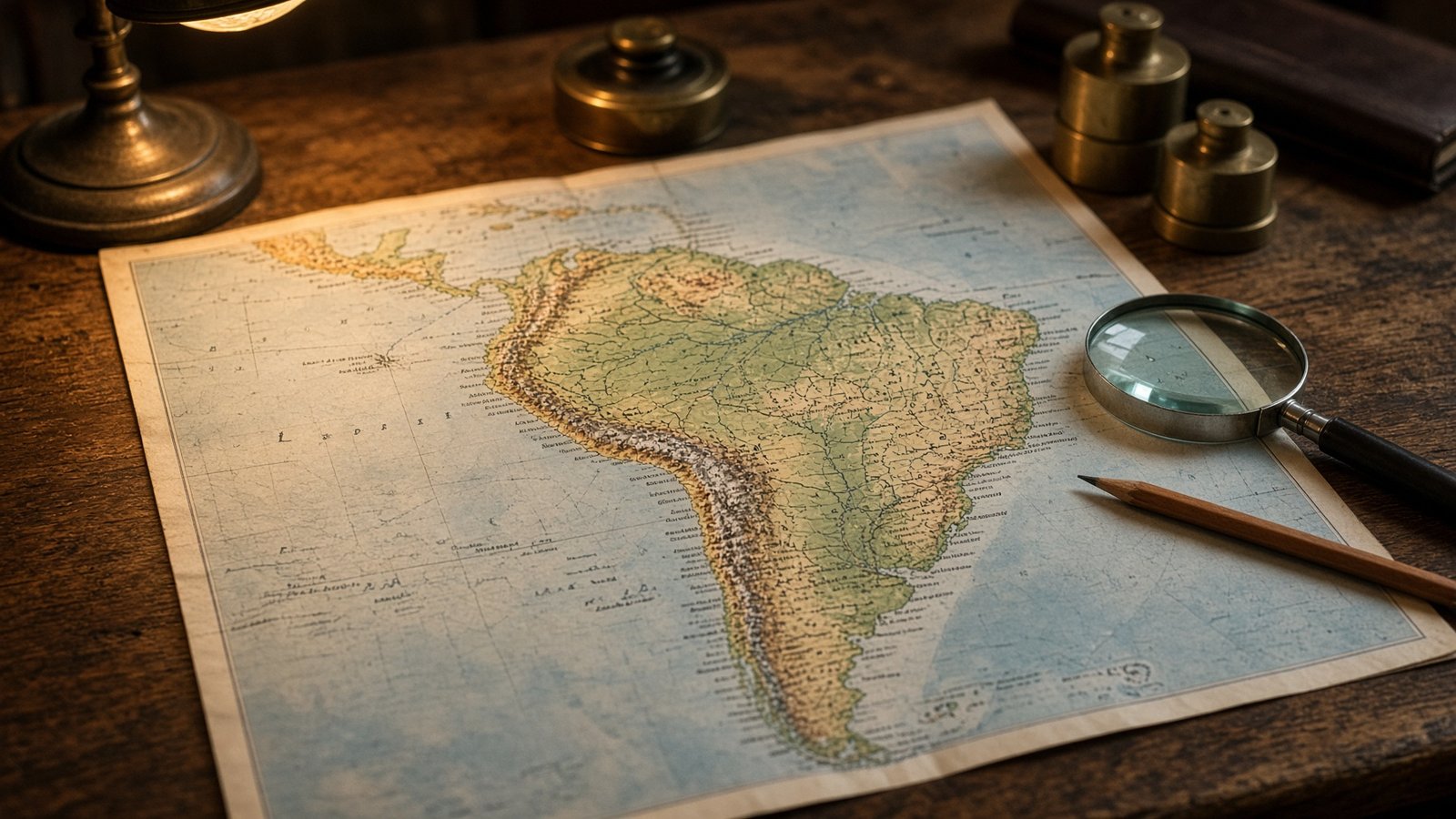 Mapa sobre mesa com lupa e instrumentos de desenho