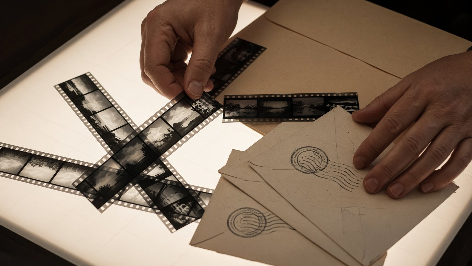 Mãos organizando negativos fotográficos sobre uma mesa